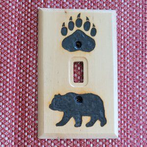 SunFunArt Black Bear & claw rustic unique wood burning light switch plate. NEW!
